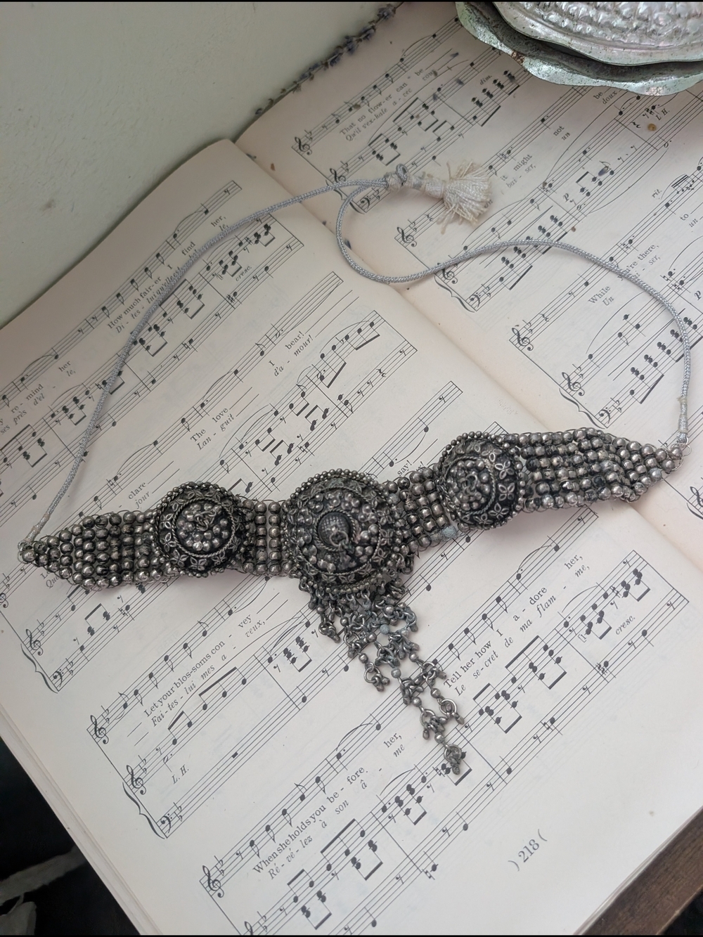 Silver-Tone Embellished Beaded Choker Necklace